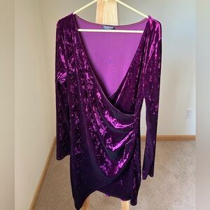 Fashion Nova Velvet Long Sleeve Wrap Dress in Deep Purple